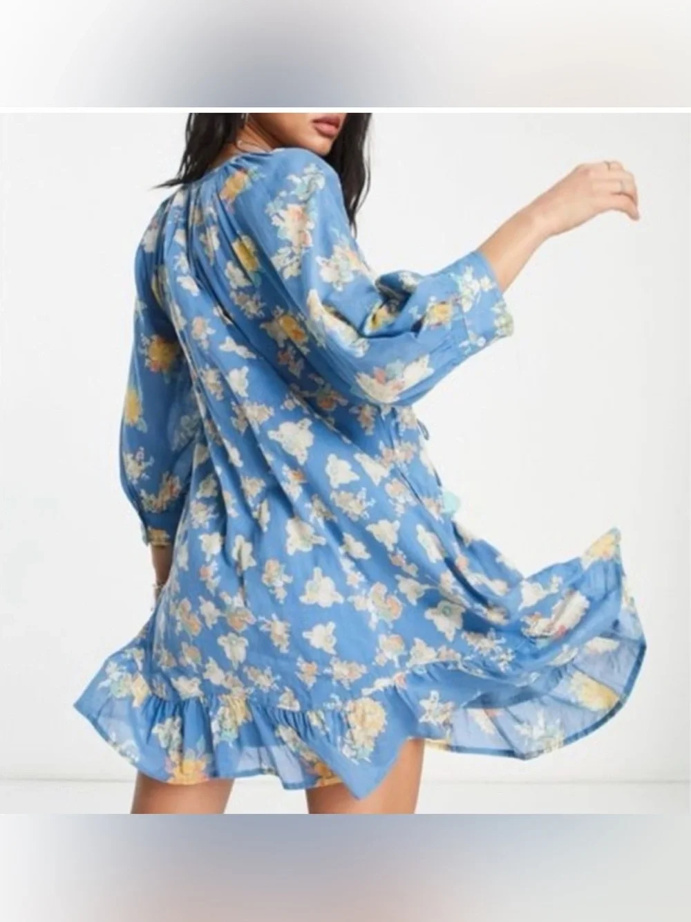 Free People Light Blue Floral V-Neck Smock Mini Dress